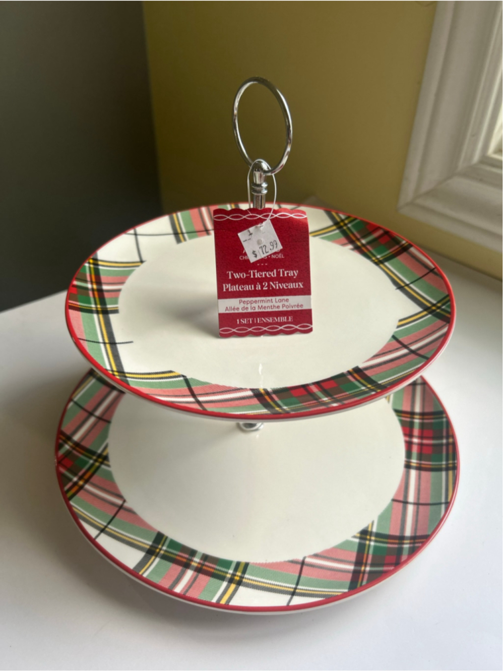 NEW Two-Tiered Plaid Serving Tray, White, Red